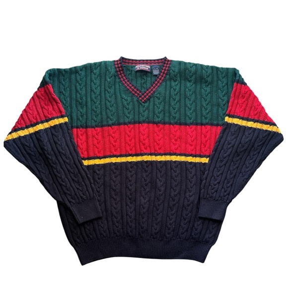 Roundtree & Yorke V-Neck Pullover Sweater Navy Green Red Striped Men’s Size XL - Picture 1 of 12